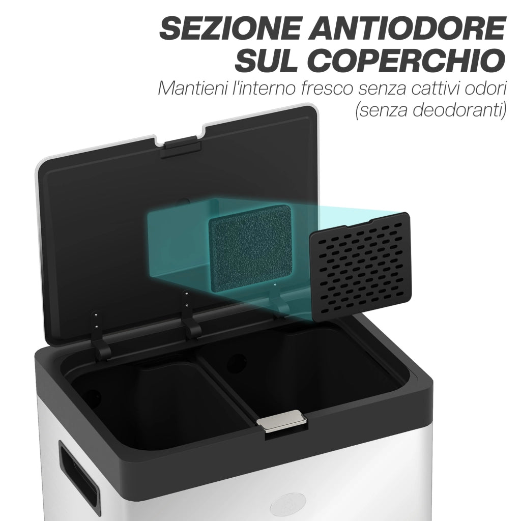 Bidone Immondizia a 3 Sezioni da 56L con Supporto per Deodorante, in Acciaio e PP, 45.7x35.8x76 cm, Argento