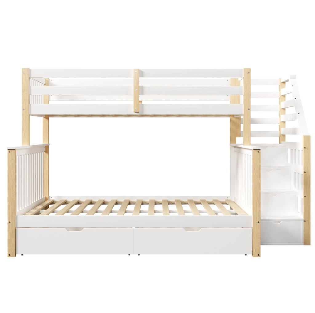 Letto a castello per bambini 90x200 e 140x200 cm in pino; bianco e naturale; con cassetti