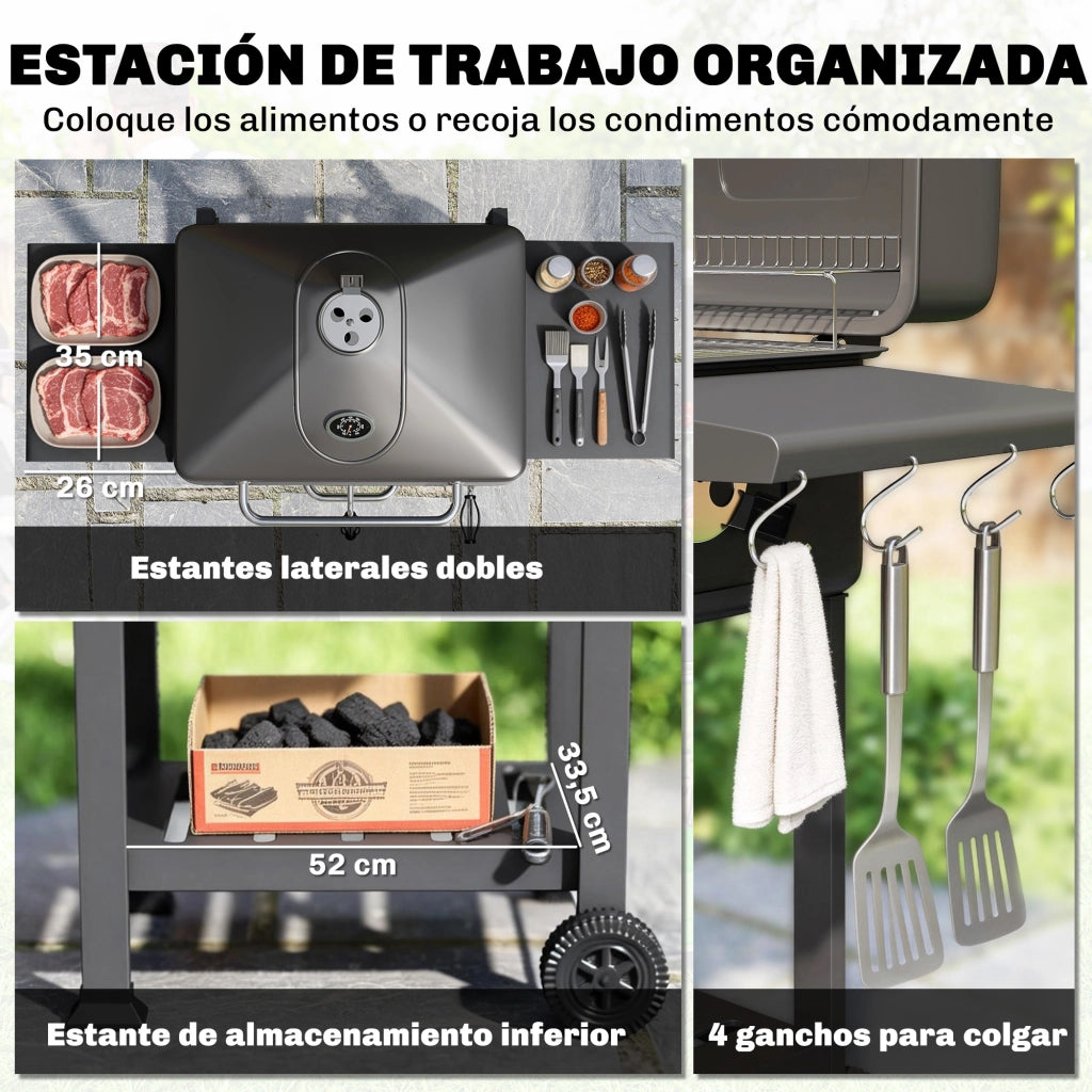 Barbecue a Carbone con Griglia Regolabile ¨C Xylo ¨C Ripiani Laterali Ruote Termometro