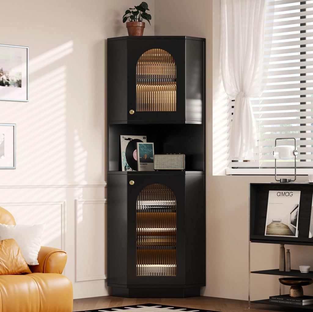 Mobile bagno angolare ULEVR con anta in vetro sagomato, vani aperti e luce interna, MDF nero