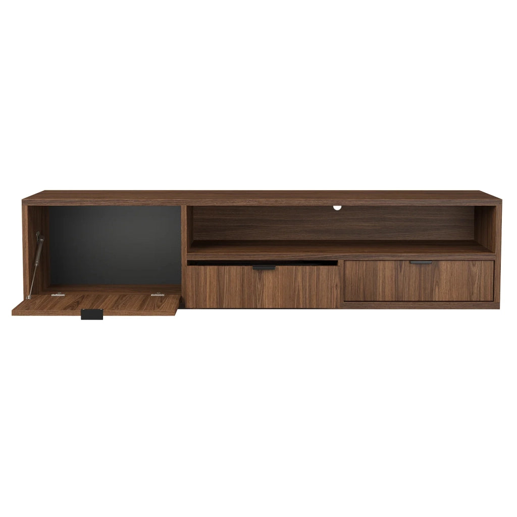 Mobile Porta TV Sospeso Con 1 Anta A Ribalta 2 Cassetti E Ampio Vano A Giorno Con Passacavo In Melaminico Per Soggiorno Design Moderno Contemporaneo 150 X 35 X 40 Cm Noce