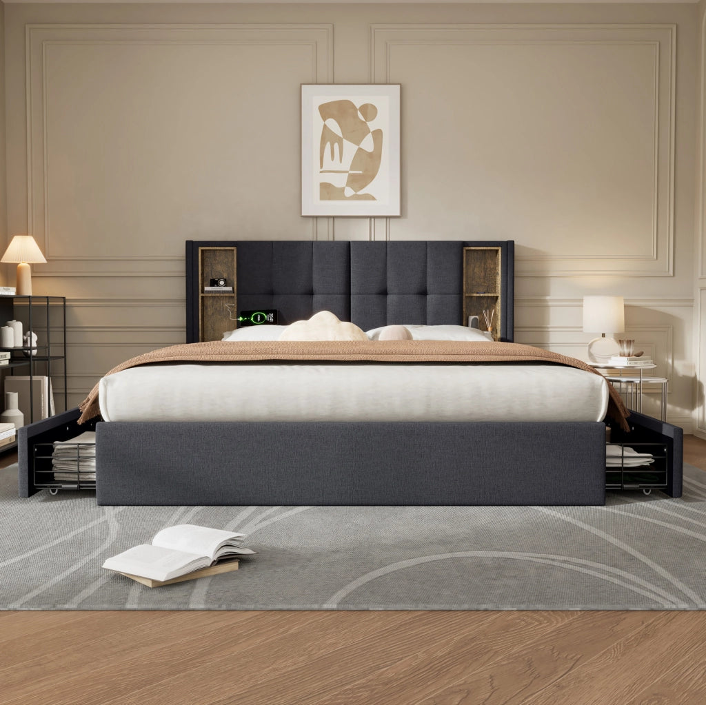Letto matrimoniale imbottito 160x200 cm con ricarica e cassetti