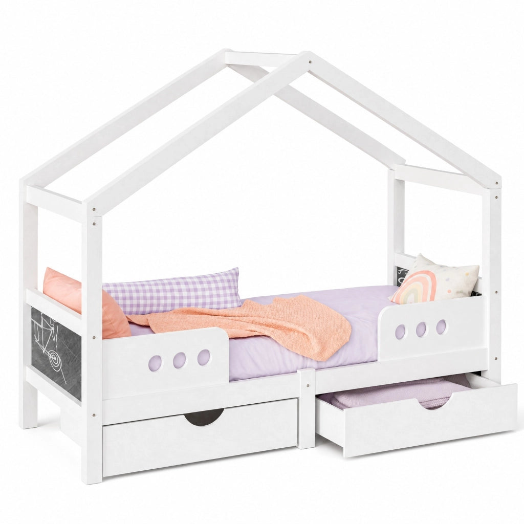 Lettino per bambini con tetto; 2 cassetti e lavagna; 90x200 cm; bianco