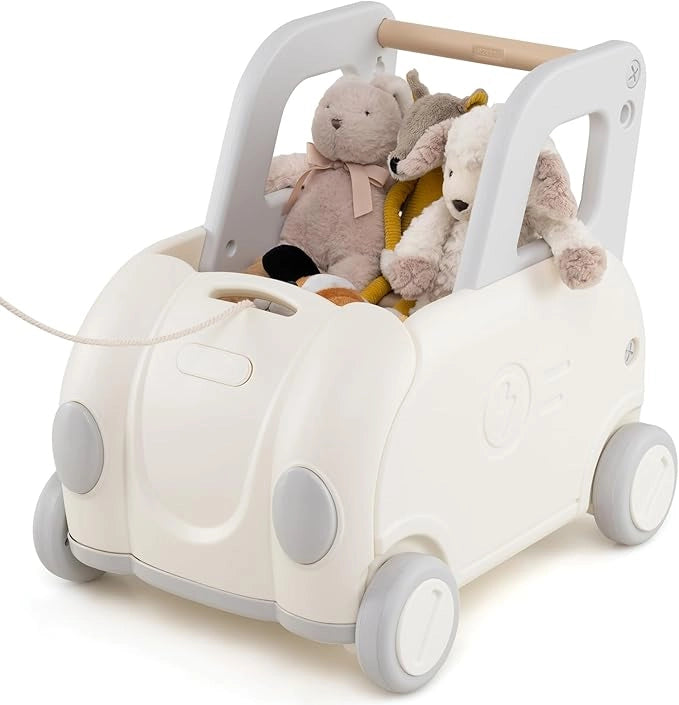 Girello Primi Passi per Bambini, Carrello a Spinta con Contenitore, Sedile Ribaltabile e Ruote, Organizzatore per Giocattolo, per Cavalcare, Camminare e Trainare, per Bambini 18-36 Mesi