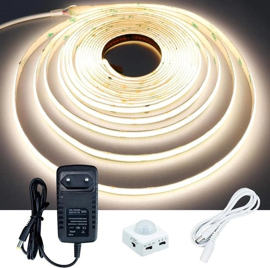 Strisce LED 5M Senso di Movimento Striscia LED COB Bianco Naturale 4000K - Alimentatore 3 Modalità di Illuminazione 3 Modalità di Spegnimento - CRI 93+ IP20 Non Idrogrado Adesivo Autoattaccante Decorazione DIY per la Casa