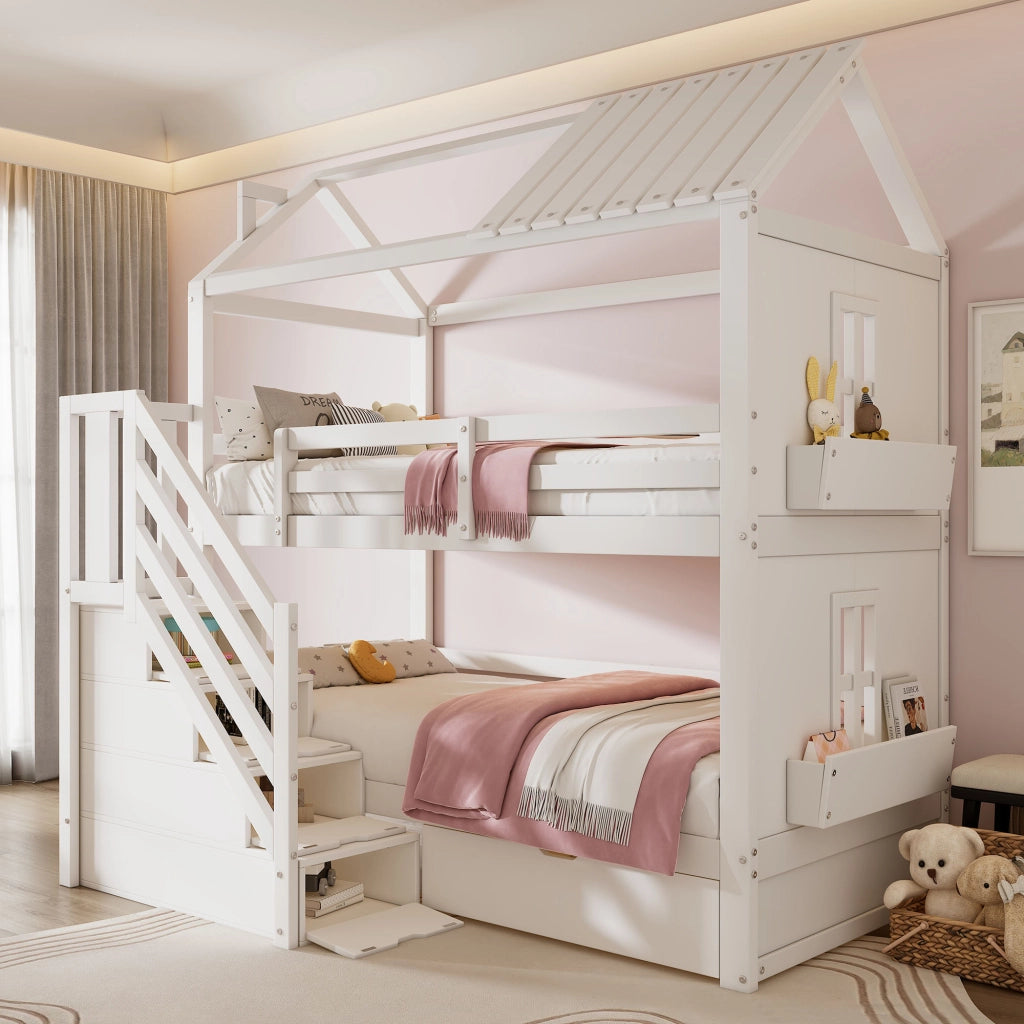 Letto a castello per bambini 90x200 cm con scala contenitore, cassetti e ripiani, senza materasso, bianco
