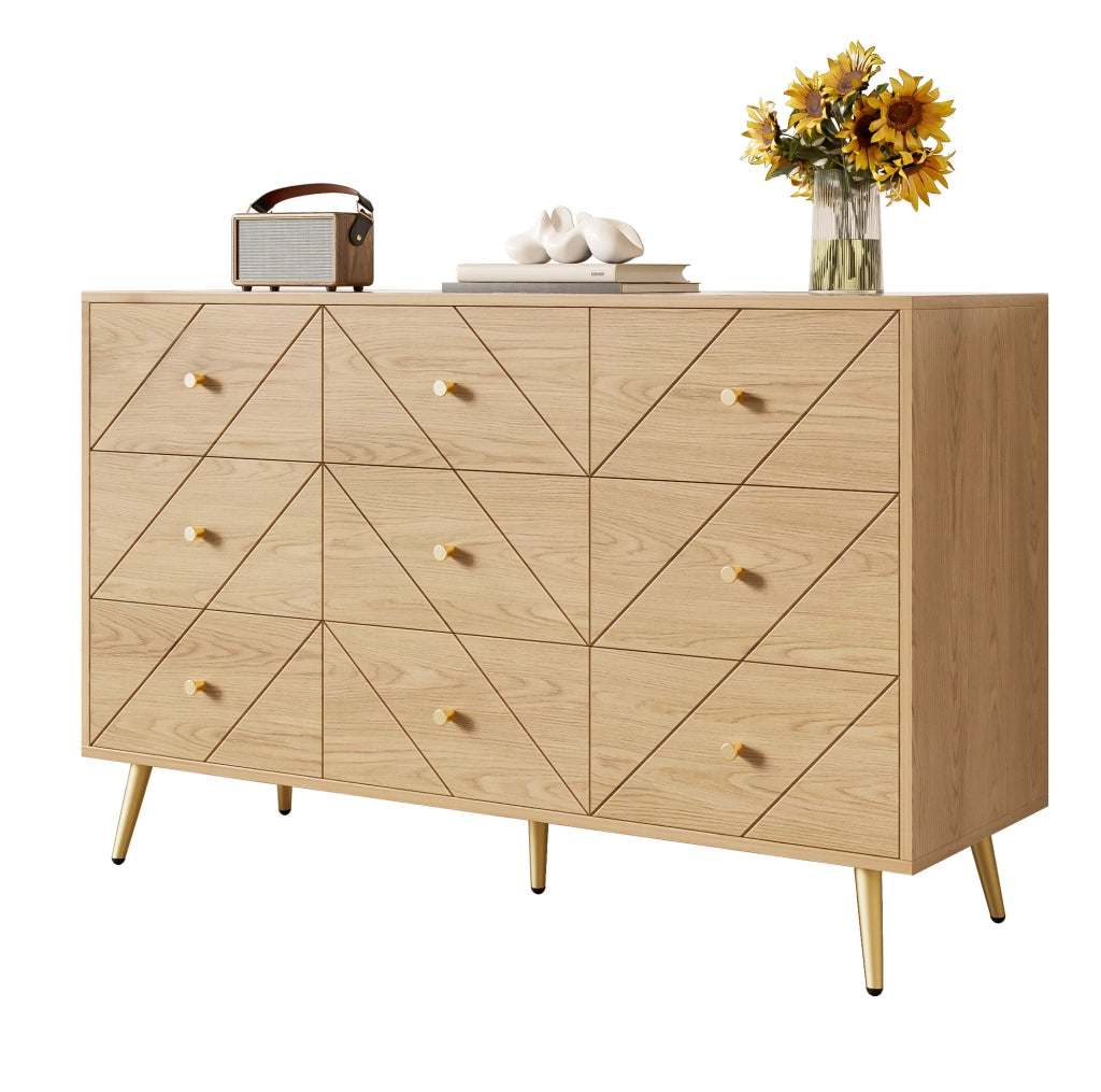 Cassettiera 120x39x80 cm; 9 cassetti con gambe in ferro; pannello truciolare; naturale