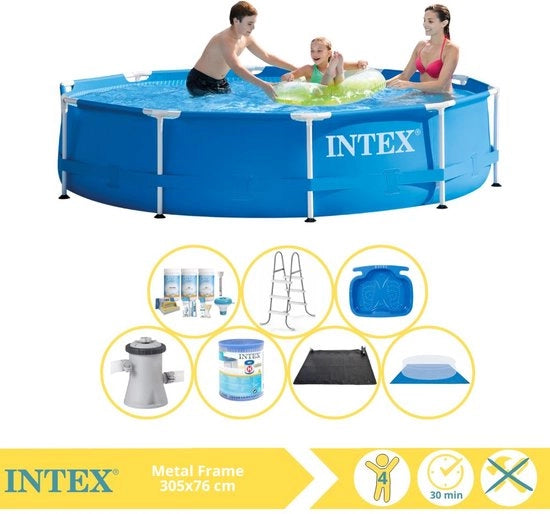Piscina Metallica da Giardino - Piscina da Montaggio - 305x76 cm - Incluso Kit di Manutenzione, Filtro, Copertura del Terreno, Matrice Solare, Cassetta e Pediluvio