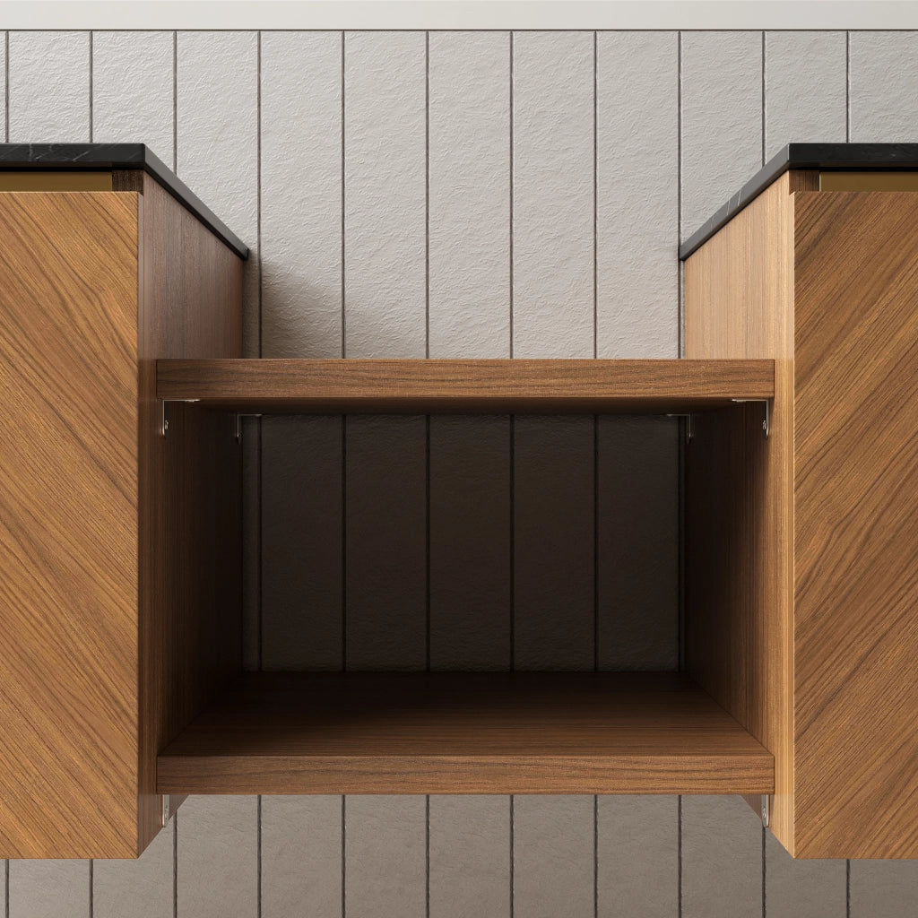 Mobile bagno con 4 ante e 2 ripiani aperti; lavabo in vetro e piano in pietra sinterizzata; rovere marrone e nero