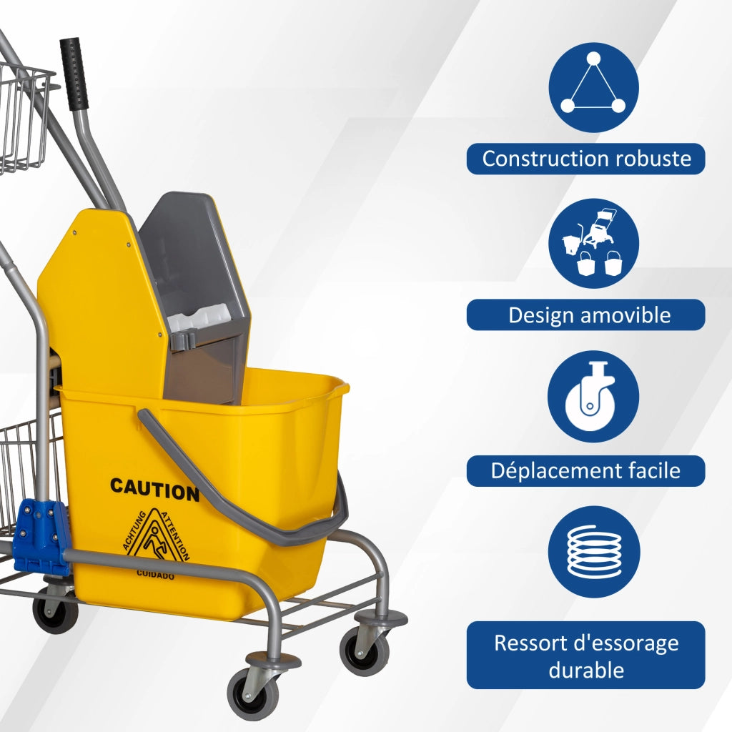 Carrello per pulizia professionale con secchio 26 L e cestino ¨C zephmum ¨C giallo