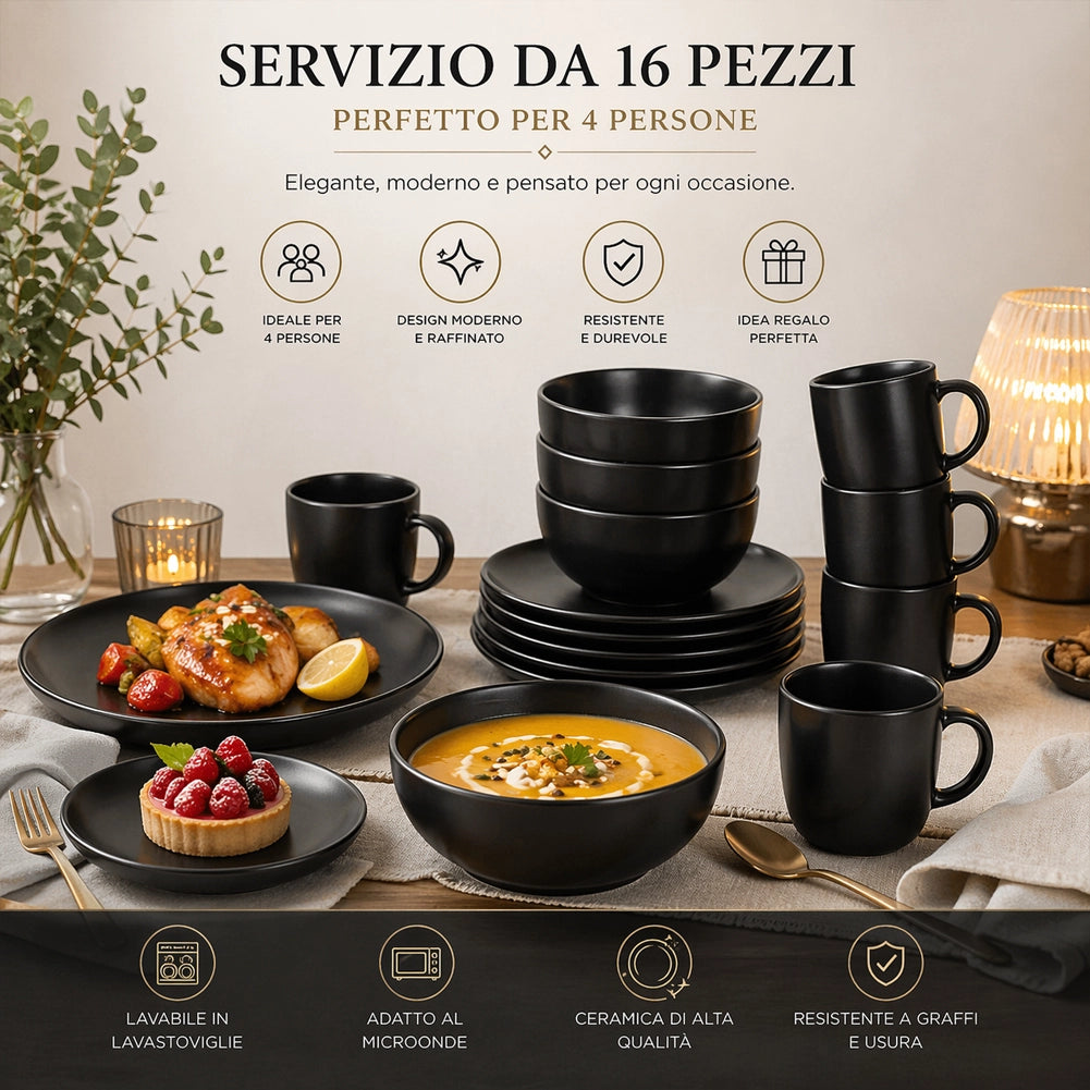 Servizio Piatti da 16 Pezzi Nero per 4 Persone in Gres Smaltato Design Moderno