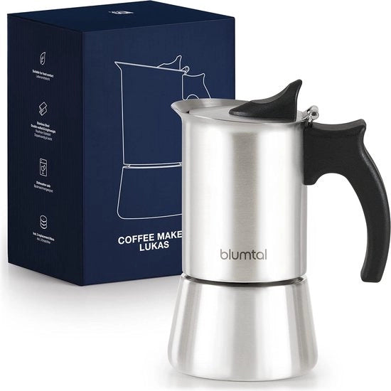 Macchina per Caffè in Acciaio Inossidabile 4 Cucchiai (200 ml) - Moka Piastra Induzione, Gas o Cottura Ceramica con Parete Rafforzata, Gomma di Sostituzione e Filtro di Sostituzione, Caffettiera da Campeggio
