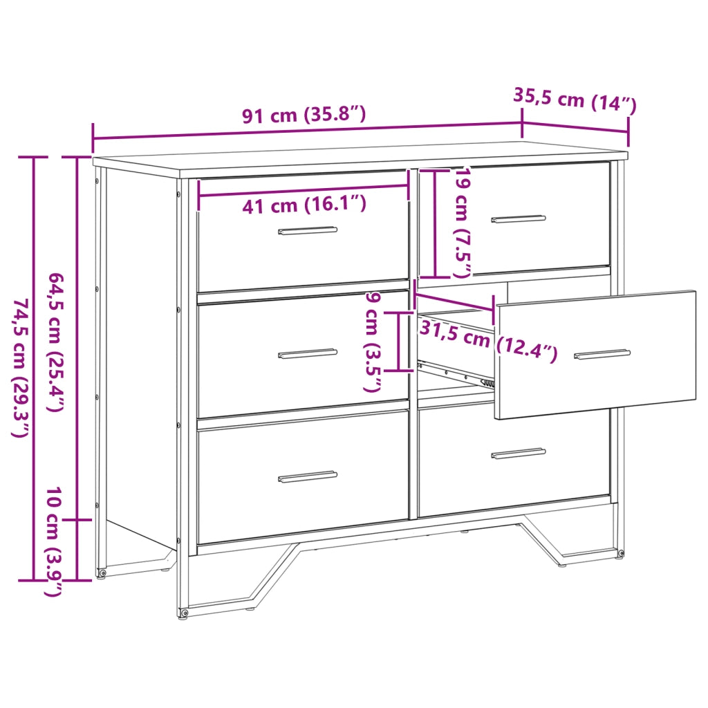 Cassettiera Rovere Artigianale 91x35.5x74.5 cm Legno compresso