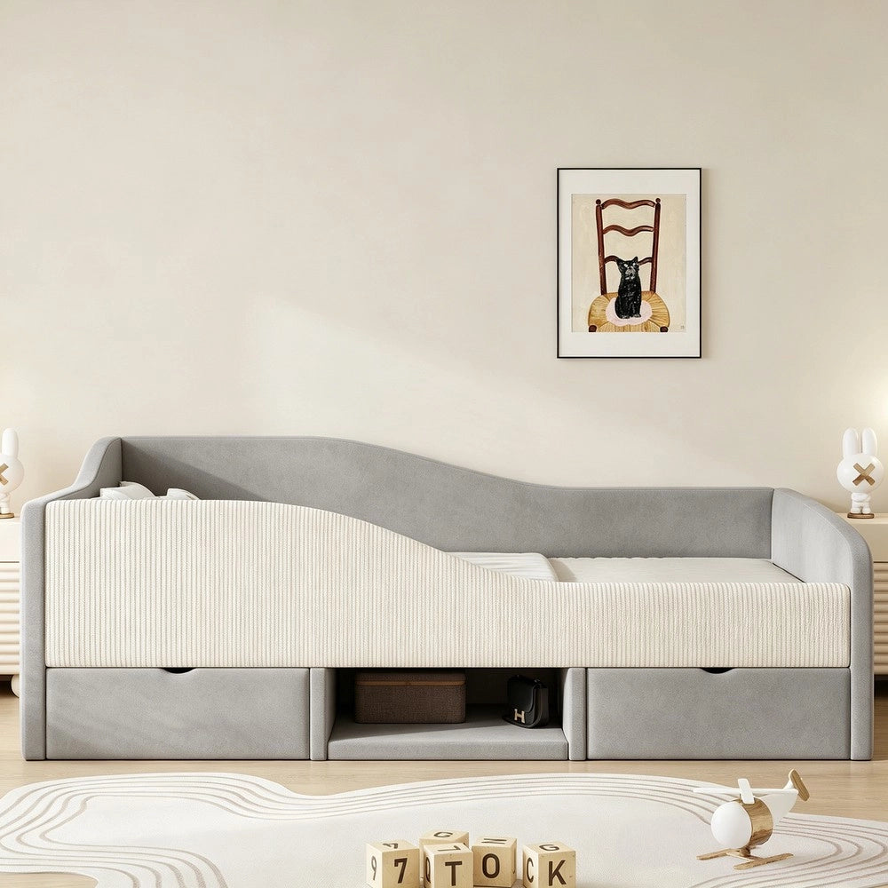 Letto imbottito per bambini con cassetti ¨C Minimal ¨C grigio velluto 90x190 cm