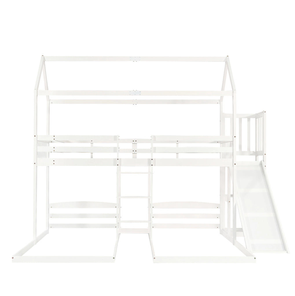 Letto a castello per bambini con scivolo, 3 posti letto e tetto bianco 90x200 cm