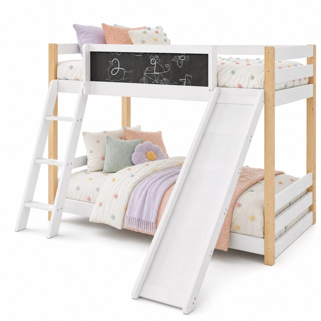 Letto a castello per bambini con scivolo e scala; 90x200 cm; bianco