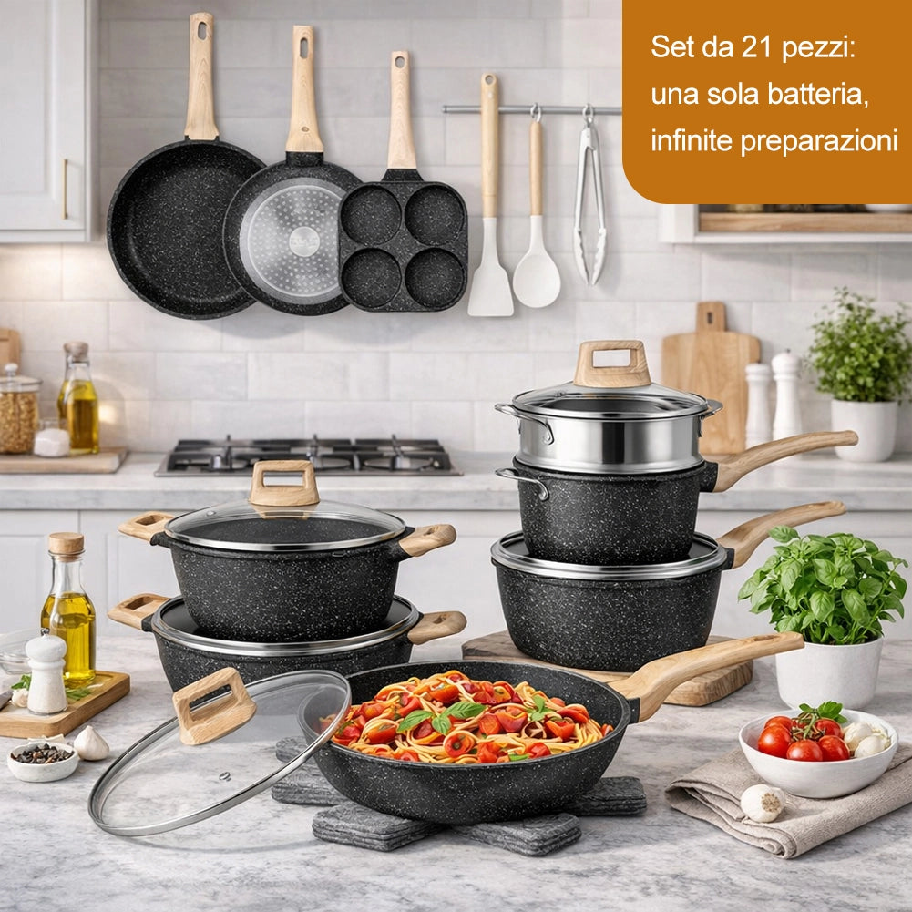 Batteria Pentole e Padelle 21 Pezzi Nero in Alluminio Pressofuso Antiaderente