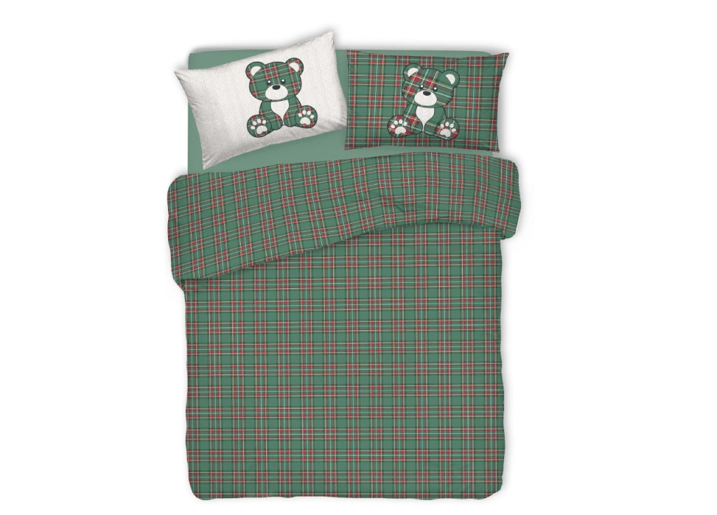 Copripiumino Sacco Piumone Pensieri Delicati 100% Cotone Orsetto Tartan - Singolo - Verde
