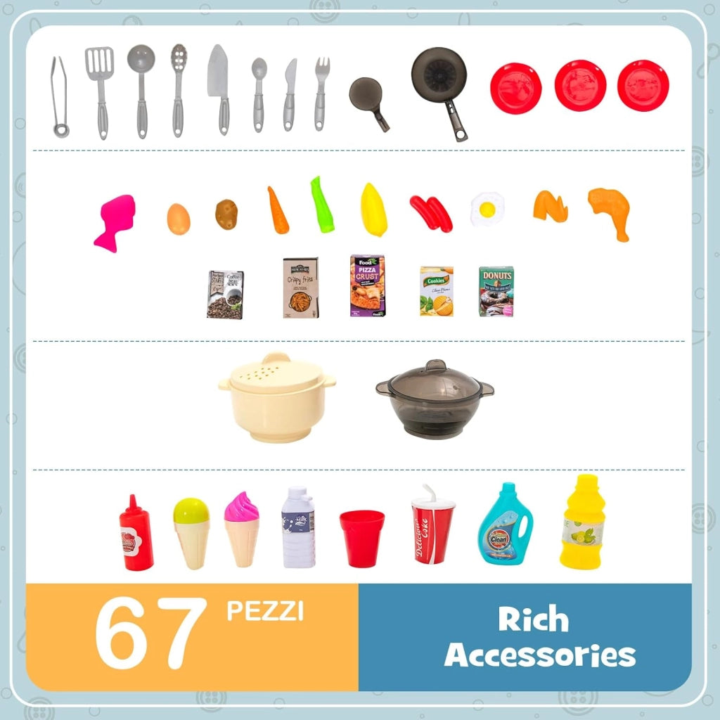 Cucina Giocattolo con Set di Accessori Cibo e Utensili, Cucina per Bambini con Suoni e Luci, Lavandino, Rubinetto, Scaffali, Forni e Fornelli, per Bambini 3+ Anni (Blu)