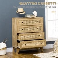 Cassettiera con 4 Cassetti e Inserti in Rattan Stile Boho, 80x35x95 cm, Legno Naturale