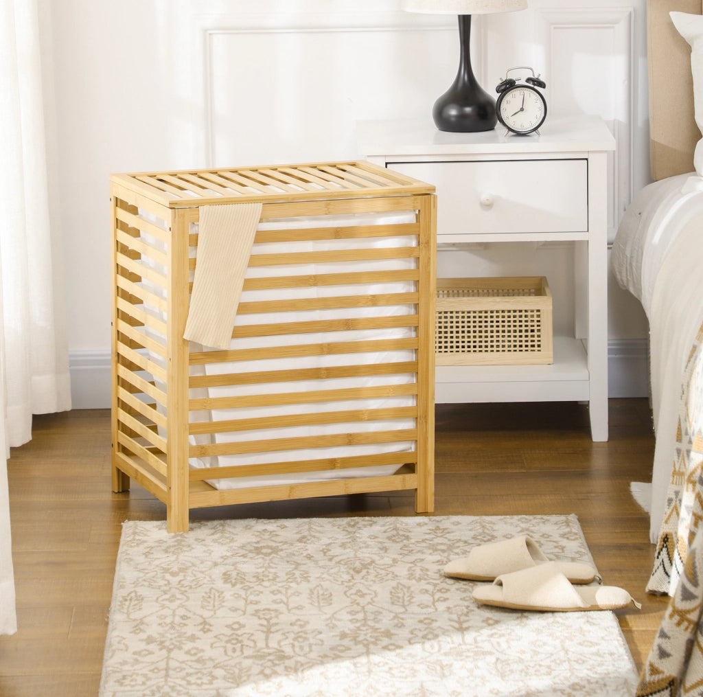 Cesto portabiancheria 50x36x60 cm con coperchio e sacco interno estraibile in bambù naturale