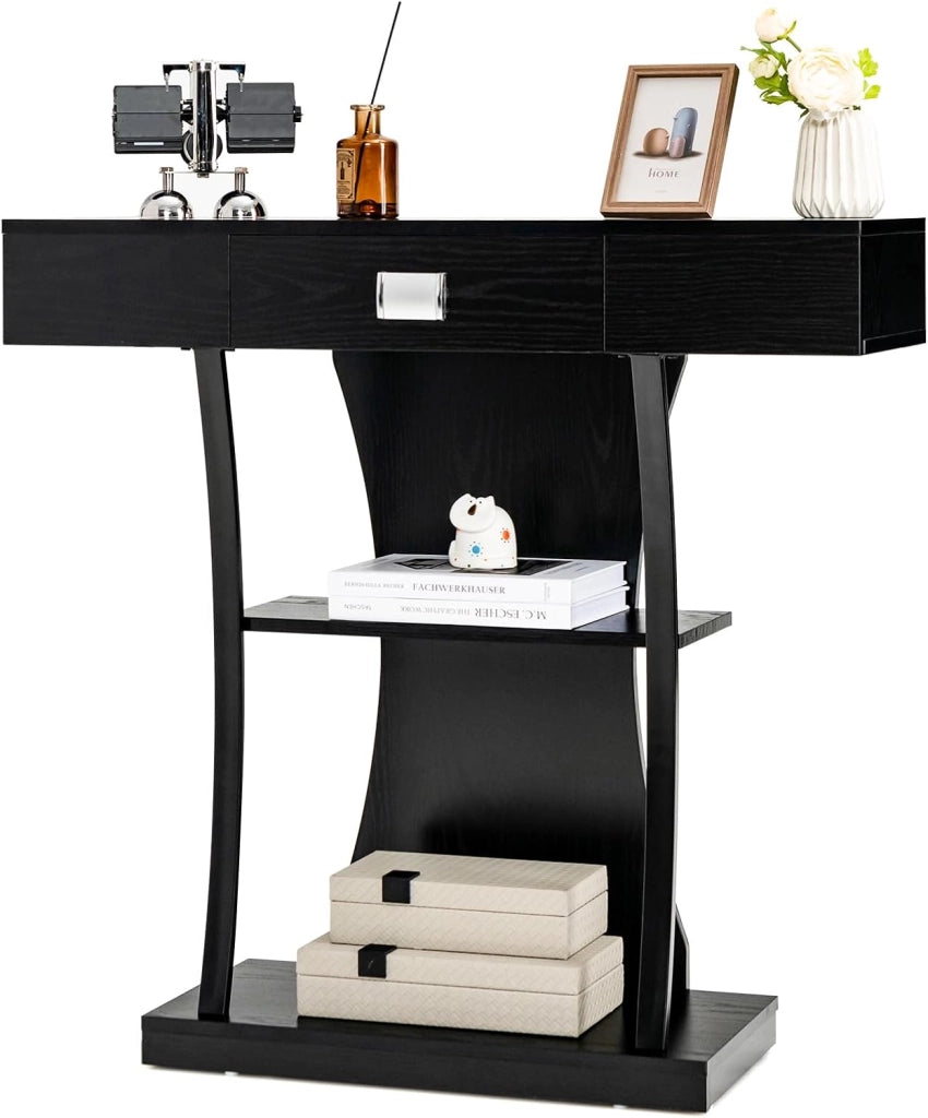 Consolle in Legno, Tavolo Ingresso Con Cassetti, Ripiani e 2 Kit Anti-ribaltamento, Multiuso e Salvaspazio per Salotto, Camera da Letto e Corridoio, 91 x 30 x 88 cm (Nero)