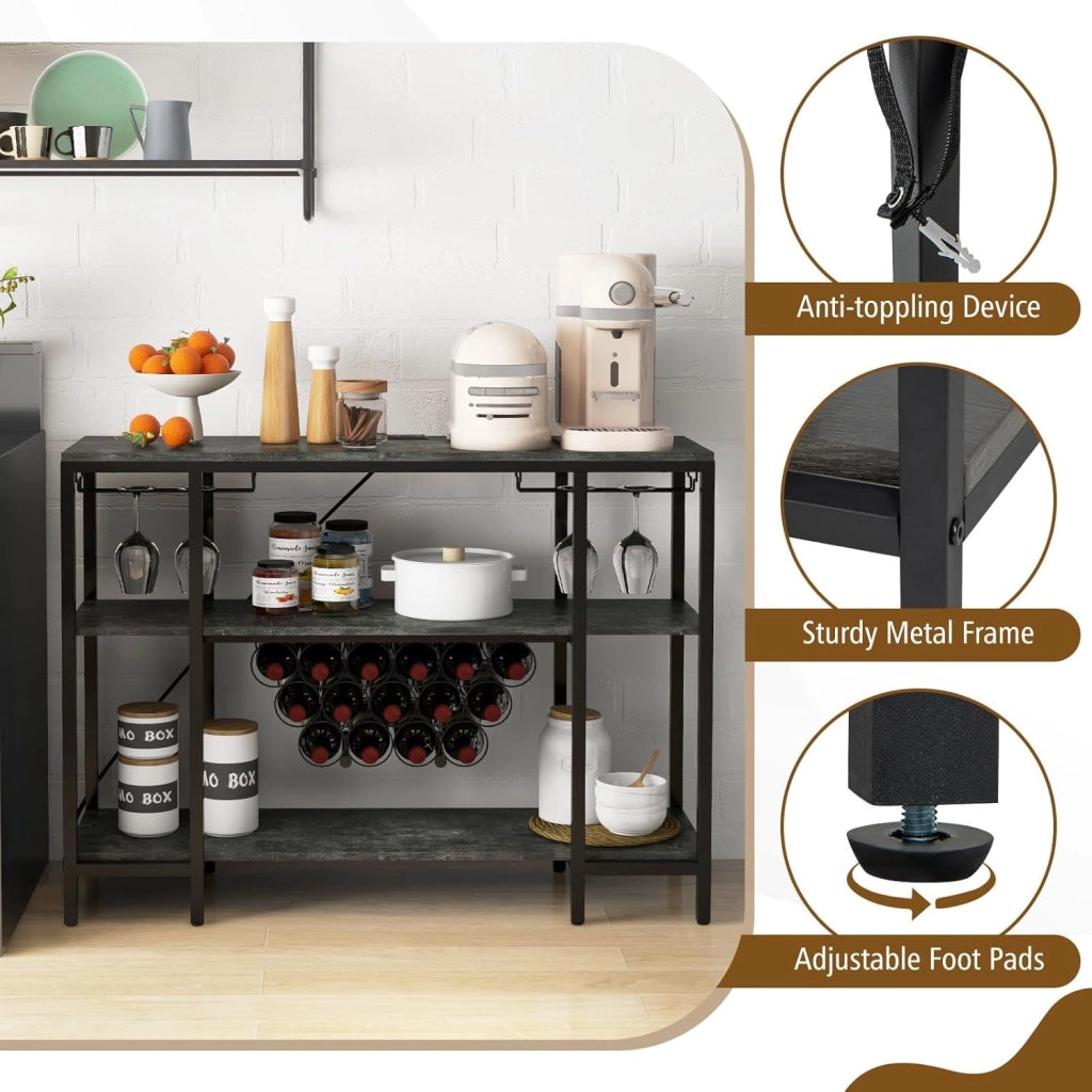 Portabottiglie Per 15 Bottiglie, Portabottiglie a 3 Livelli Con Supporto In Vetro, Tavolo Da Vino Con 2 Porte USB e 2 Prese, Armadietto Per Vino Industriale Metallo, 113 x 35 x 85 cm