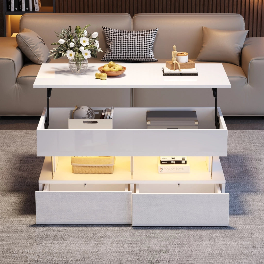 Tavolino regolabile in altezza, lucido, con luci a LED, 2 cassetti, in MDF + acrilico, 100 x 50 x 46 cm, bianco