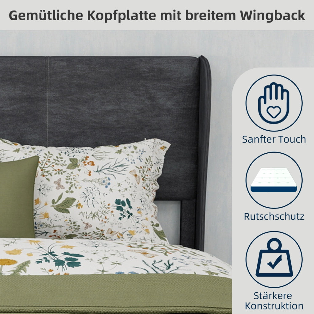 Letto Matrimoniale 140 x 200 cm con Testiera Imbottita; Tessuto e Metallo; Grigio