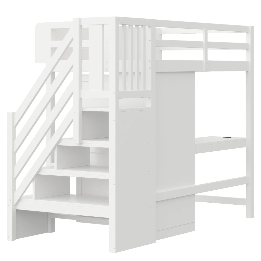 LETTO a soppalco 90x200 cm Bianco in legno con scrivania, armadio, LED e prese