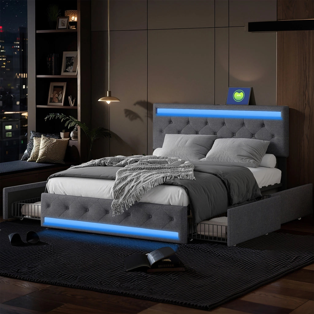Letto 160x200 cm con contenitore; LED e USB in legno e MDF grigio scuro