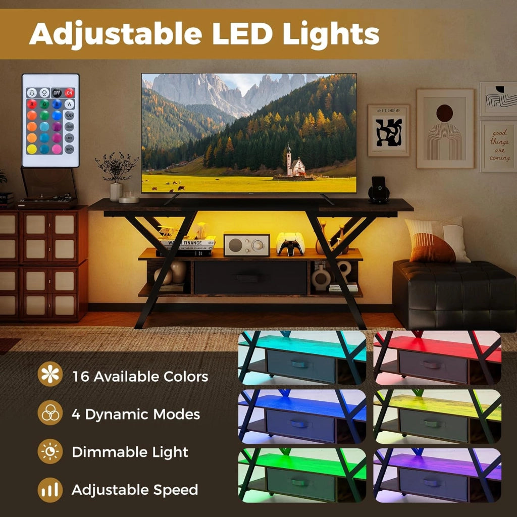 Mobile TV 140 cm, Panca TV per TV 55-65 pollici, Tavolo consolle a 3 livelli con luci LED regolabili, cassetto in tessuto rimovibile, stazione di ricarica, per soggiorno, camera da letto