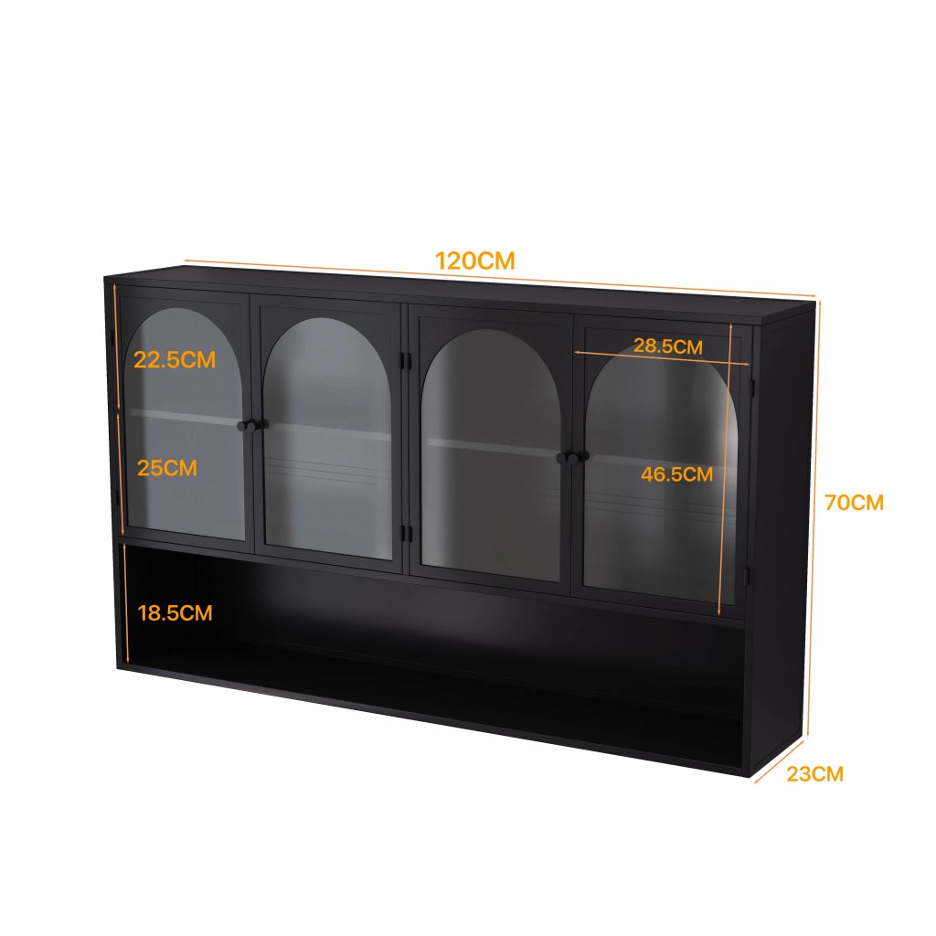 Mobile pensile con 4 ante in vetro e metallo per cucina e soggiorno nero 120 × 23 × 70 cm
