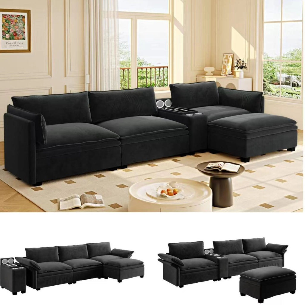 Divano modulare ULEVR 315 cm a L in ciniglia nera con pouf, ricarica wireless, altoparlanti Bluetooth e luce