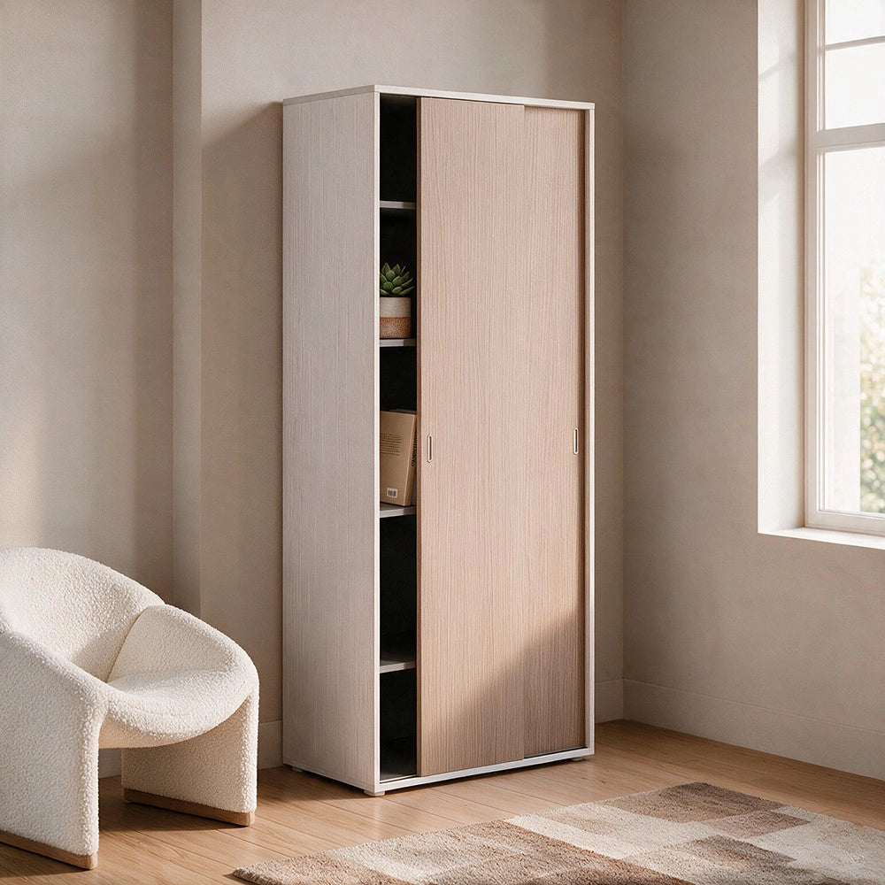 Armadio due ante scorrevoli 90x43x212h con ripiani colore bianco frassinato e olmo