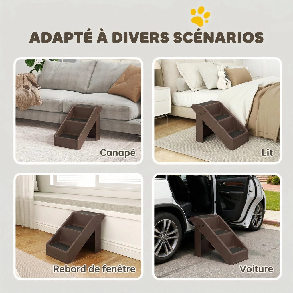 Scala Pieghevole per Cani 3 Gradini Antiscivolo ¨C zephmum ¨C Marrone 53x30.5x36.5 cm