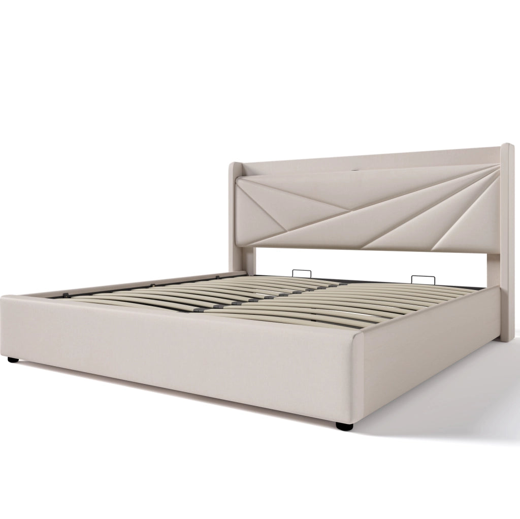 Letto matrimoniale con contenitore e testiera con USB e Tipo C 140x200 cm in cotone lino beige