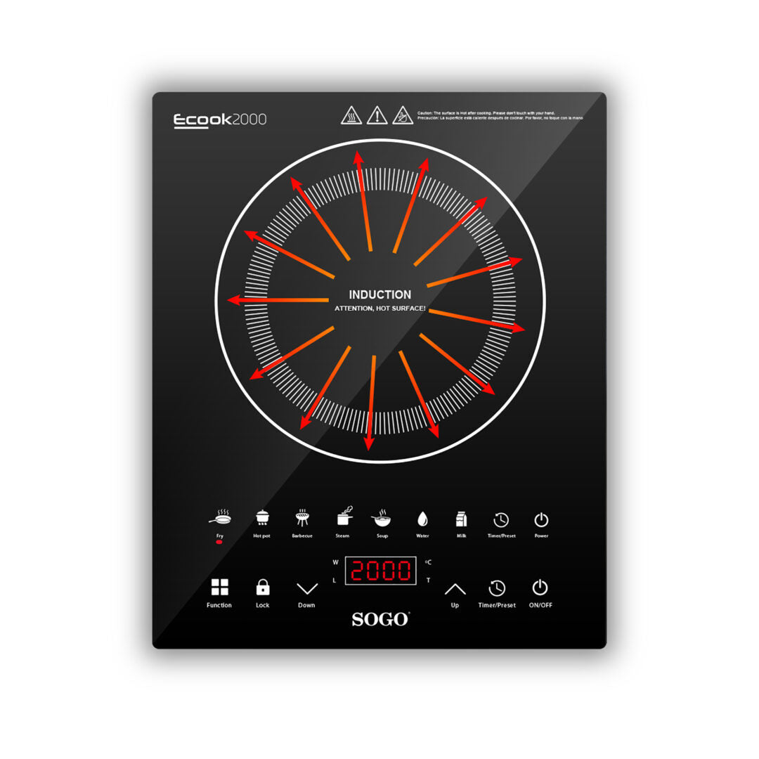 SOGO Cucina a Induzione Digitale Portatile 2000W Piastra in Vetro Touch LED 8 Temperature 7 Funzioni Timer Auto Spegnimento