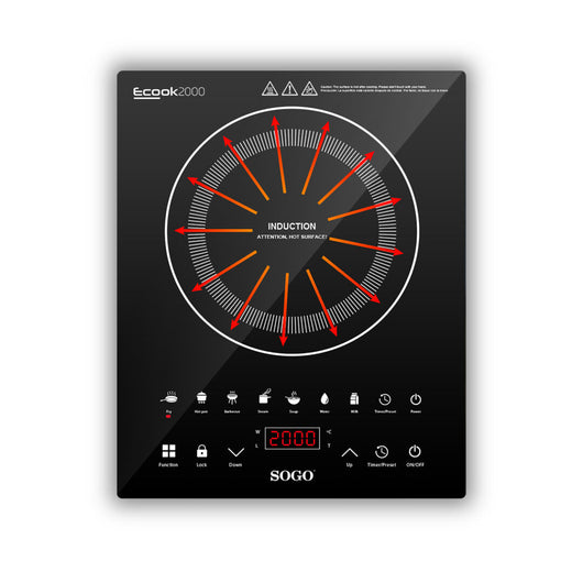 SOGO Cucina a Induzione Digitale Portatile 2000W Piastra in Vetro Touch LED 8 Temperature 7 Funzioni Timer Auto Spegnimento