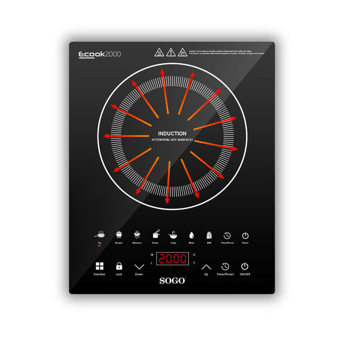 SOGO Cucina a Induzione Digitale Portatile 2000W Piastra in Vetro Touch LED 8 Temperature 7 Funzioni Timer Auto Spegnimento