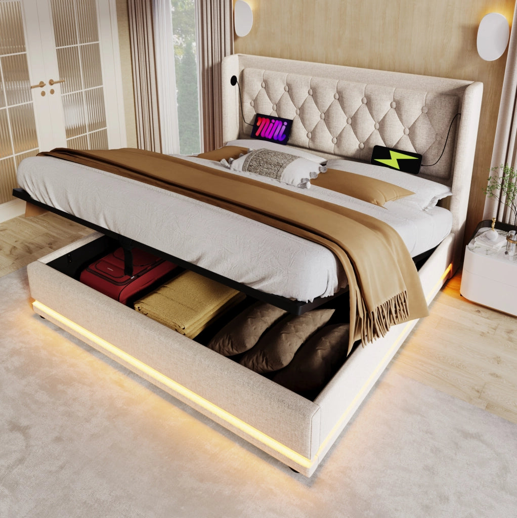 Letto imbottito contenitore beige 160 x 200 cm con LED e ricarica USB Type-C