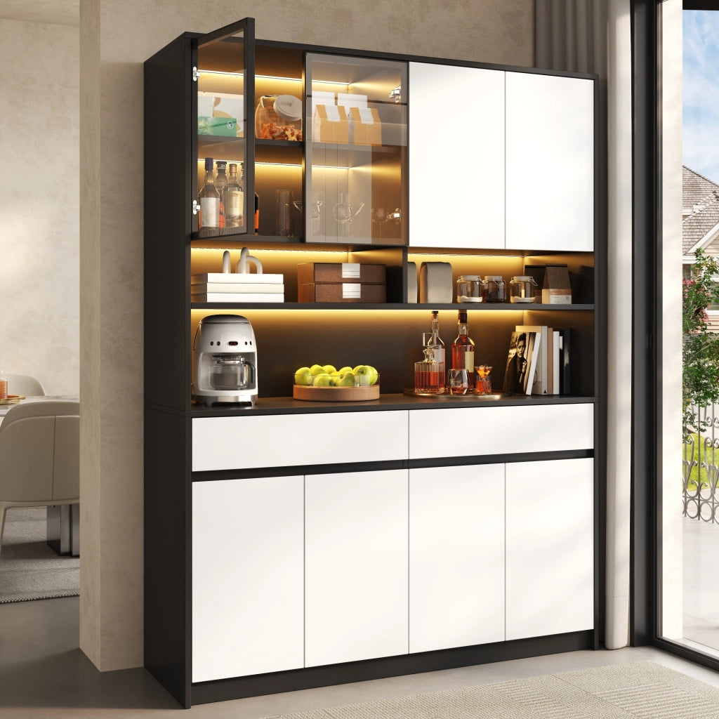 Credenza alta con LED e ante in vetro, 8 ante, 2 cassetti e vani aperti, per soggiorno, in MDF, 120 × 38 × 160 cm