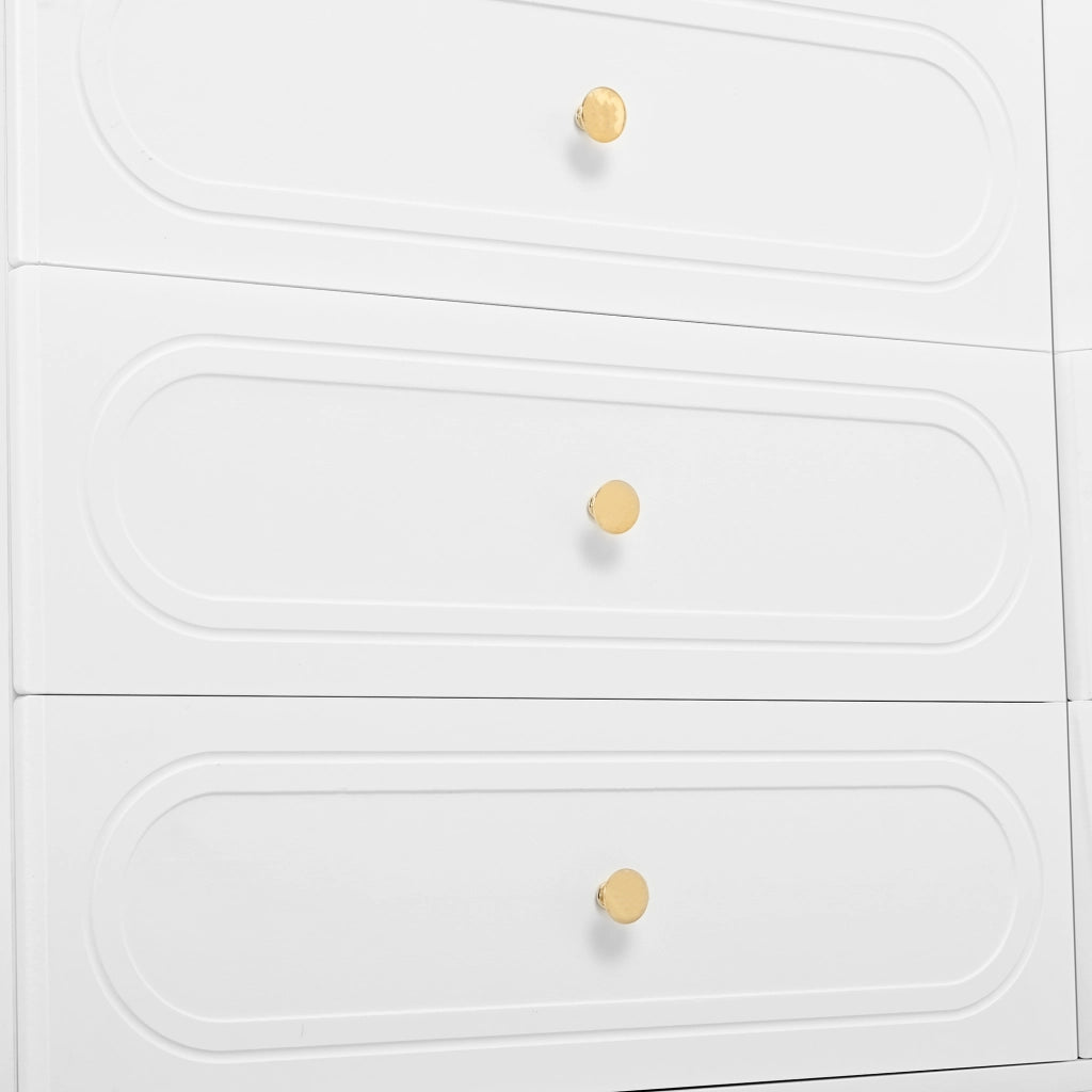 Credenza con 6 cassetti e dettagli ovali, piedi in metallo, per soggiorno e ingresso, bianco, 120 × 40 × 75 cm