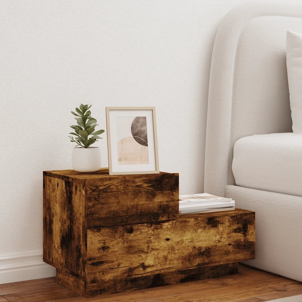 Comodino con Luci LED-Tavolino da notte Rovere Fumo 70x36x40,5 cm