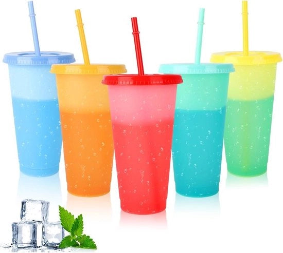 Set di bicchieri trasparenti con coperchio e manico - 5 pezzi - 710 ml - bicchieri in plastica riciclabile - smoothie - caffè - milkshake - per adulti - bambini - bicchiere da festa
