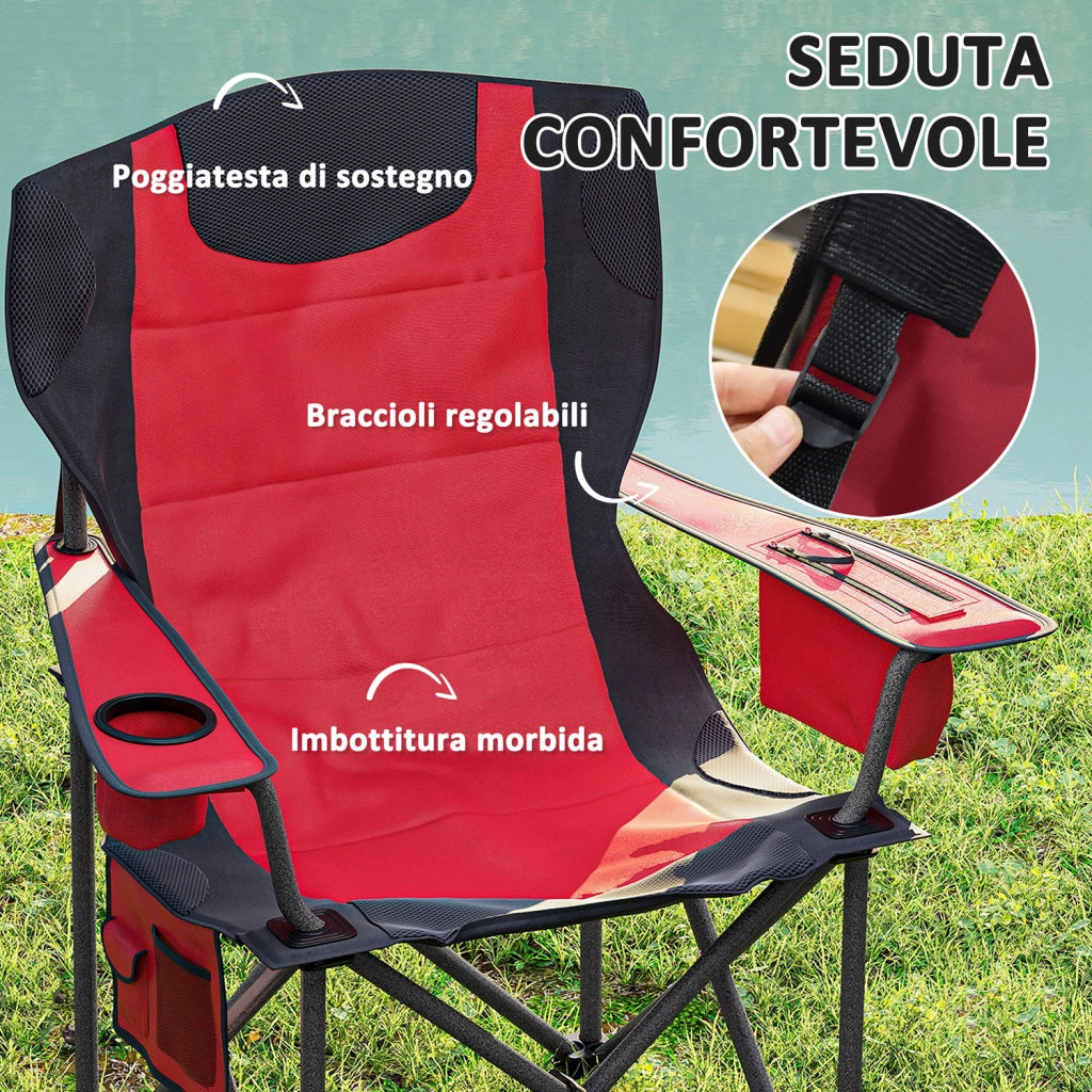 Set 2 Sedie da Campeggio Pieghevoli 94x62x100 cm con Borsa Frigo Integrata Rosso