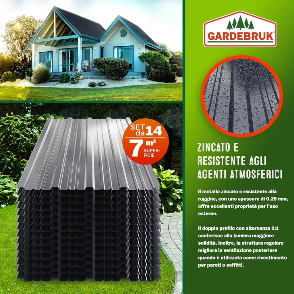® 14x Lamiere Zincate Profilate110x46cm =7m² Lastre Trapezoidali Pannelli Copertura in Metallo Tetto Tettoia Lamiera Grecata Antracite