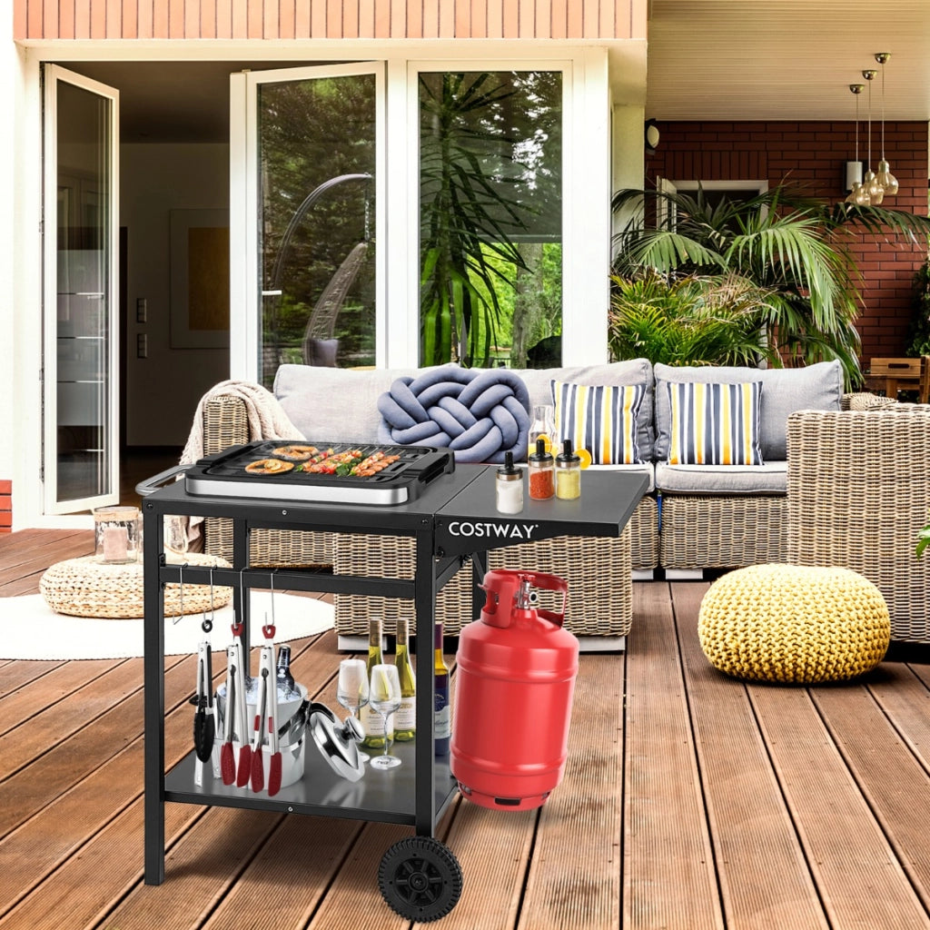 Carrello da pranzo con 4 ganci 2 ruote direzionali, Carrello di preparazione per forno da pizza e barbecue Nero-Carrelli