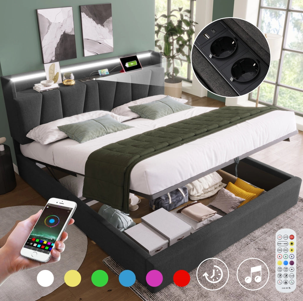 Letto imbottito 140x190 cm grigio con LED RGBW, USB e testiera contenitore