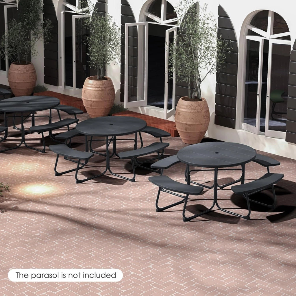 Set da Giardino e Picnic per 8 Persone, Tavolo Rotondo con 4 Panche Integrate, Tavolo da Birra in HDPE Impermeabile con Foro per Ombrellone, Arredamento da Esterno per Giardino e Terrazzo